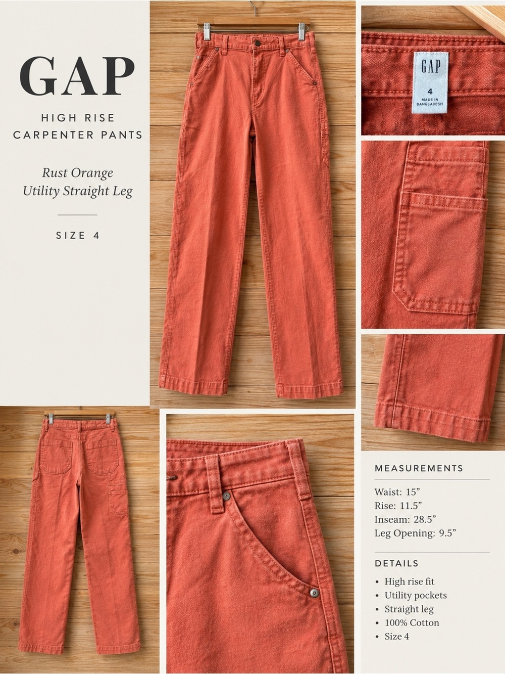 GAP High Rise Carpenter Pants Rust Orange Utility Straight Leg Size 4